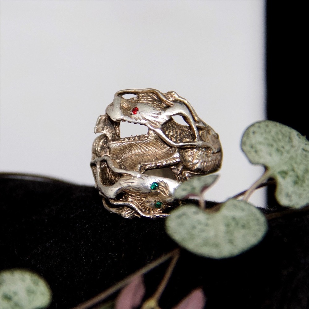 VTG HEAVY Sterling Silver Double Dragon Ring Red Green Eyes Size 10.5 15g 925